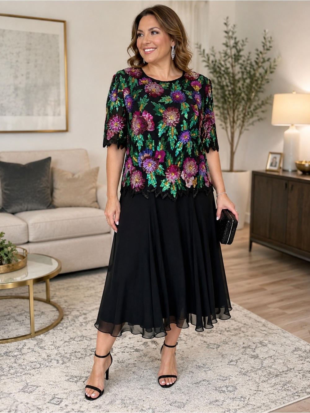 Vintage 𝙇𝙖𝙪𝙧𝙚𝙣𝙘𝙚 𝙆𝙖𝙯𝙖𝙧 2X Black Floral Sequin Beaded Evening Dress Plus Size 2X